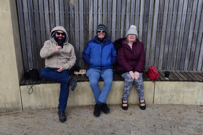 Enjoying a cuppa in the freezing conditons. From left, Michael, George and Marureen Emms of South Shields.