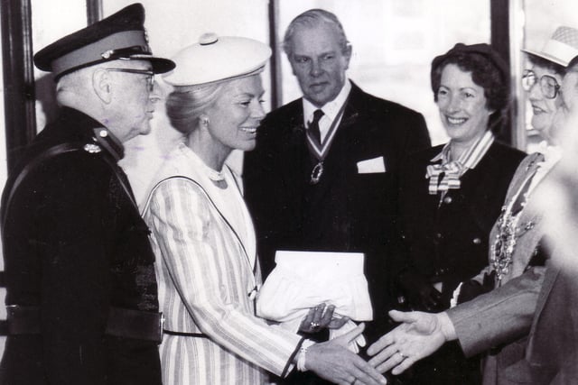 The Duchess of Kent arriving at St Luke's Hospice at the start of her visit in May 1986