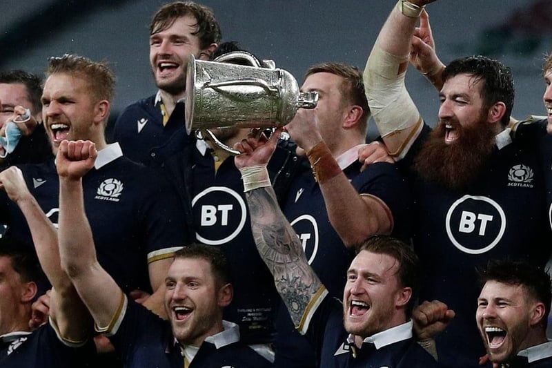 Scotland's full-back Stuart Hogg lifts the Calcutta Cup after the Six Nations rugby union match between England and Scotland at Twickenham Stadium