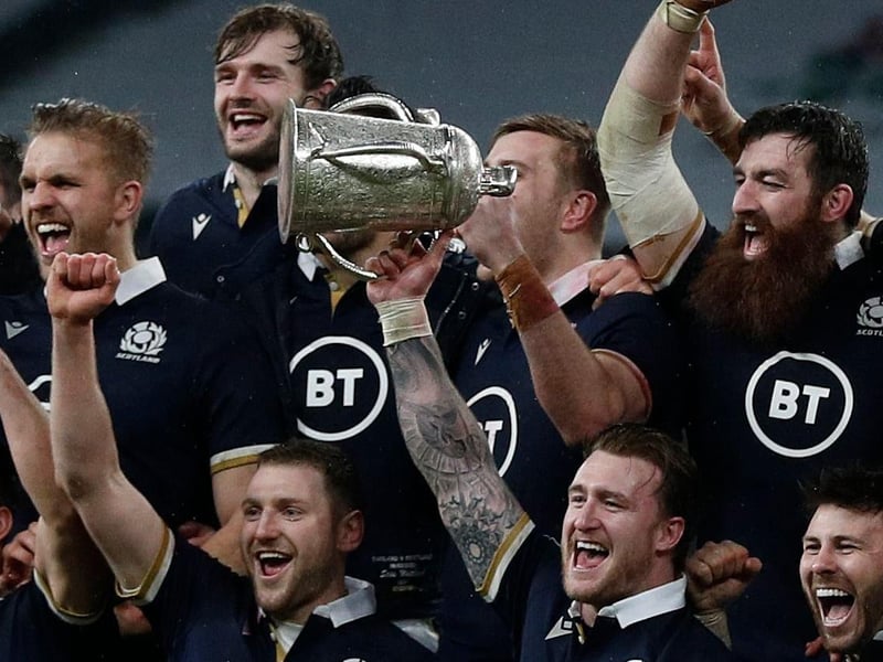 Scotland's full-back Stuart Hogg lifts the Calcutta Cup after the Six Nations rugby union match between England and Scotland at Twickenham Stadium