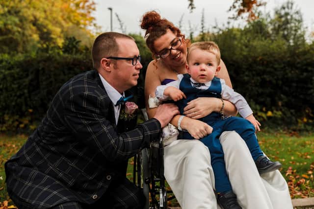 Simon, Lindsay and their 15-month-old son Isaac on their wedding day. Image: Tom Hodgson.