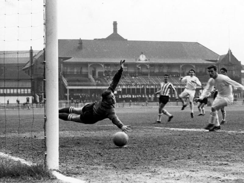 Action during Sheffield United v Leeds United at Bramall Lane on April 24, 1965. Goalkeeper Alan Hodgkinson is picured failing to keep the ball out of the net during a match which the Blades lost 3-0