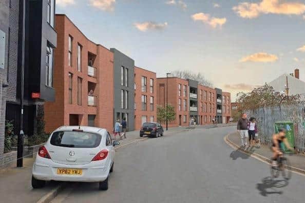 An image from HLM Architects of a development on Little London Road, Sheffield. Sheffield City Council approved plans to build 14 apartments, two business units and a riverside walk on the site, despite 90 objections