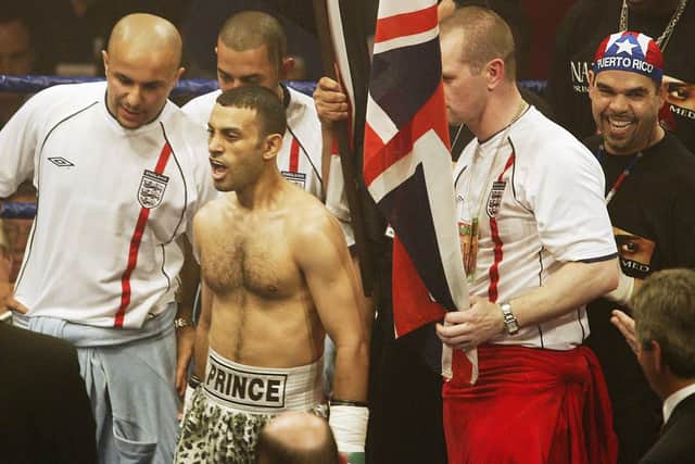 Naseem Hamed of Great Britain enters the ring before the IBO Featherweight Championship of the World fight against Manuel Calvo of Spain at the London Arena on May 18, 2002. (Photo by Mark Thompson/Getty Images)