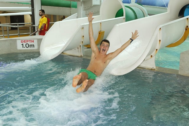 September 2014. The Southsea Pyramids re-opens after extensive refurbishment following the flooding earlier in the year. Student reporter Sam Poole (18) tries out the slide. Picture: Paul Jacobs (142822-56)