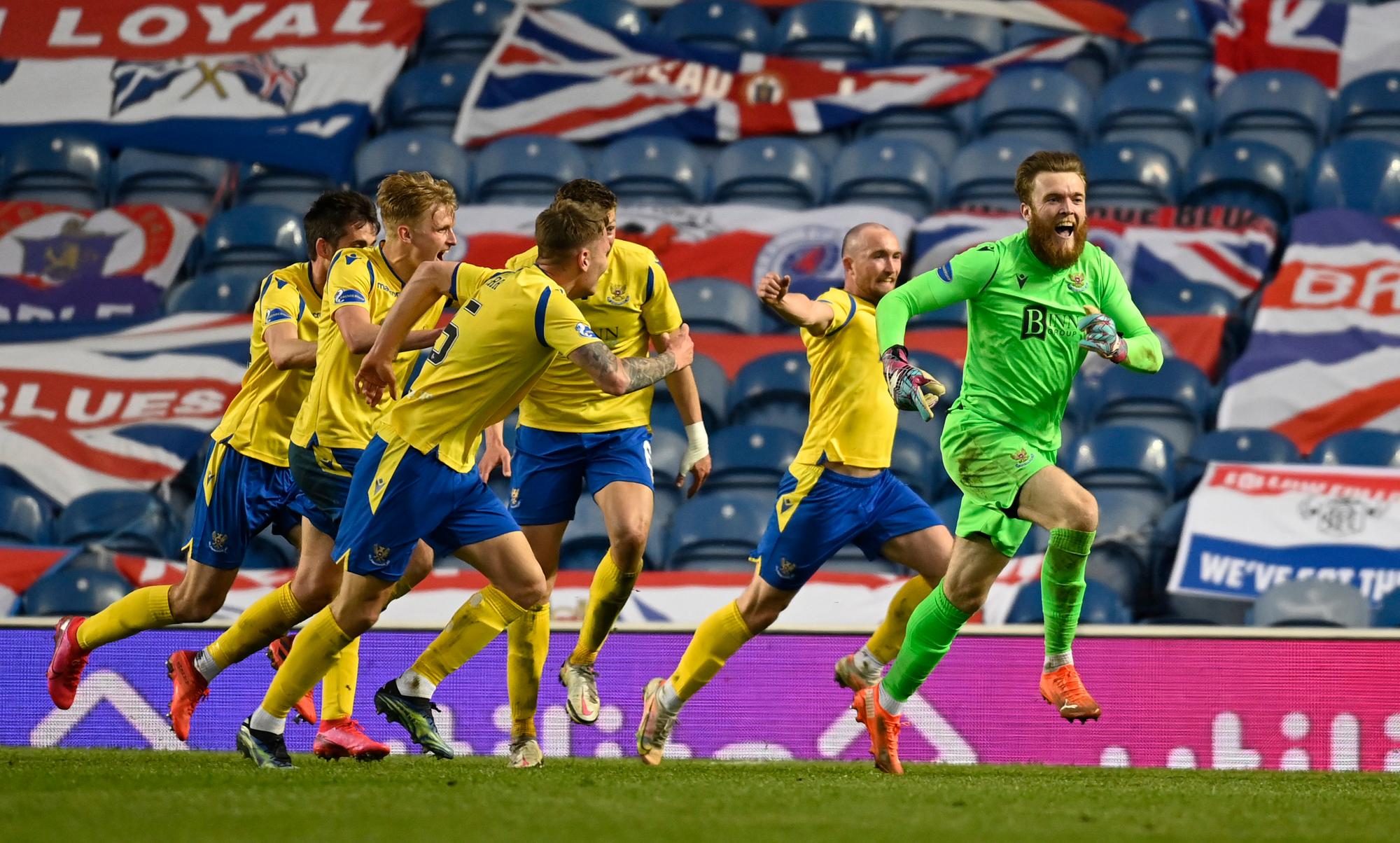 Goalkeeper Zander Clark is chased by his St Johnstone team mates after assisting Chris Kane's last gasp extra-time equaliser against Rangers at Ibrox. (Photo by Rob Casey / SNS Group)