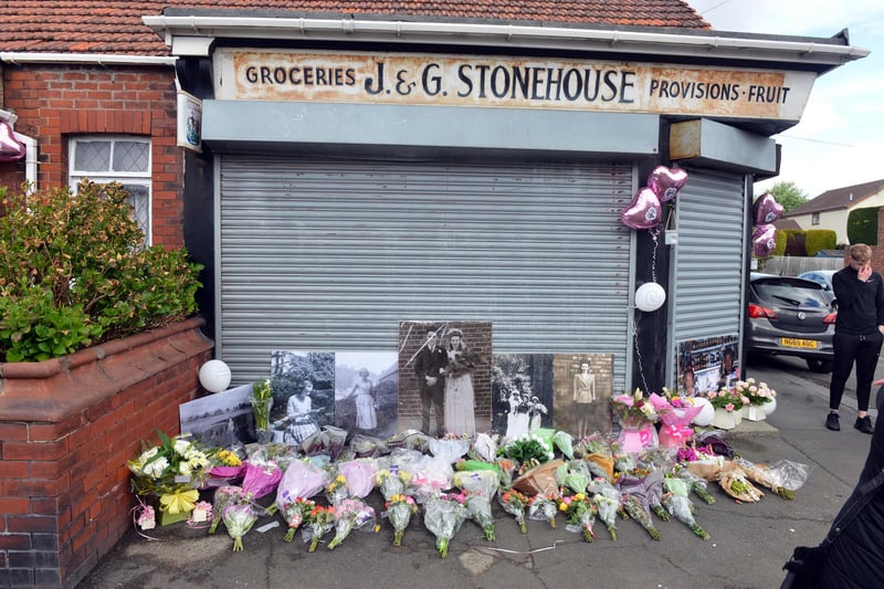 Tributes at Monkton Village store ahead of the funeral procession for Gladys Stonehouse.