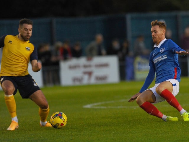 Tom Naylor goes to win the ball against Gosport Borough. Picture: Sarah Standing (010920-6579)