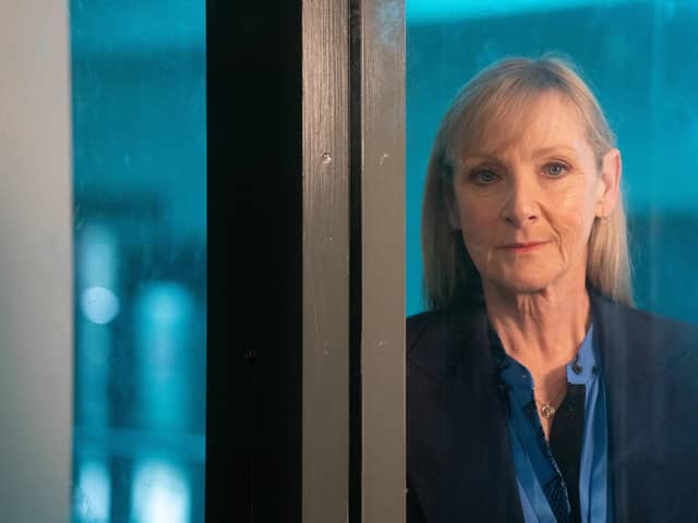 Jean (Lesley Sharp) is the headteacher of the fictional Sheffield Spires Academy in The Full Monty Disney+ TV series, with her husband Dave (Mark Addy) working there as a caretaker. It's understood the school scenes were shot at Co-op Academy North Manchester. Photo: ©Disney+