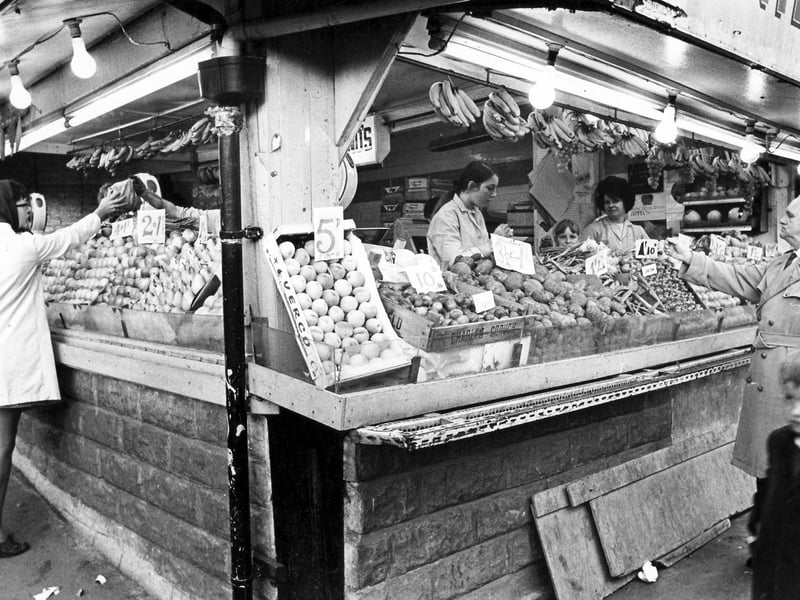 A fruit stall at Sheffield's Rag & Tag Market in 1970