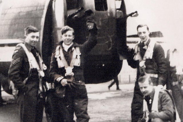 Pictured from left, Sgt Powell, navigator; Sgt Green, rear gunner: Sgt Gill, mid-upper gunner; F/O Campbell, bomb aimer.