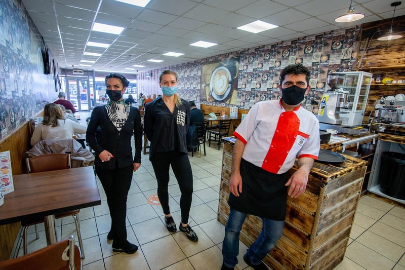 Shagl Osman, Katerina Vedmedovska and manager Khaled Sleman excited to serve indoors in cafe Nut, North End, Portsmouth. Picture: Habibur Rahman