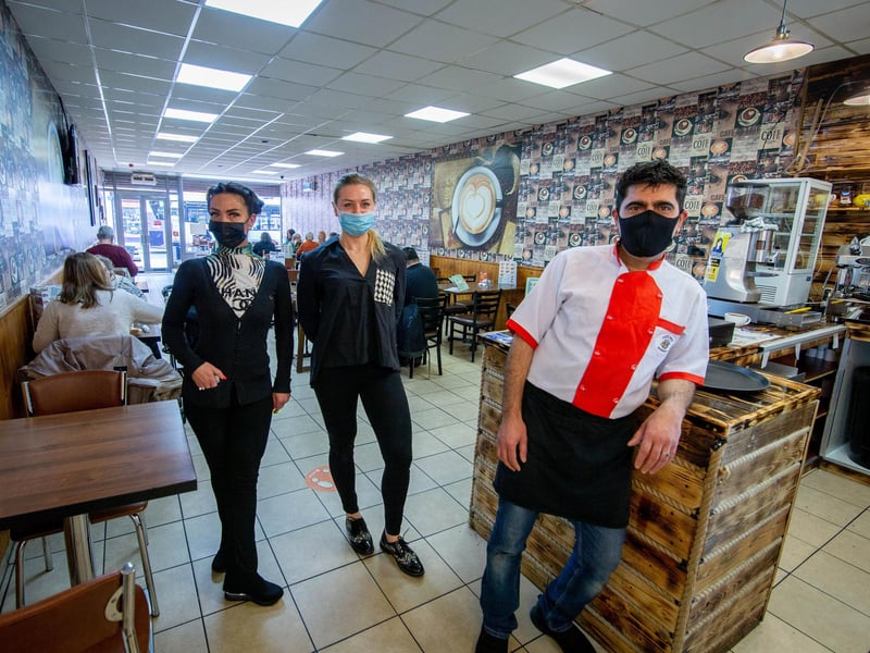 Shagl Osman, Katerina Vedmedovska and manager Khaled Sleman excited to serve indoors in cafe Nut, North End, Portsmouth. Picture: Habibur Rahman