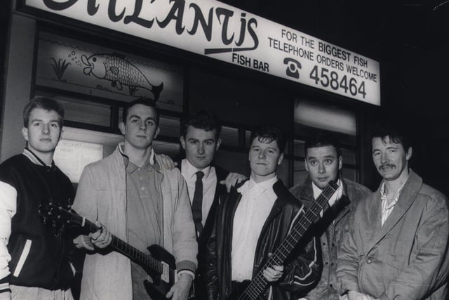 Sheffield pop group Eat, Don't Hula outside the Atlantis Fish Bar on December 2 1987