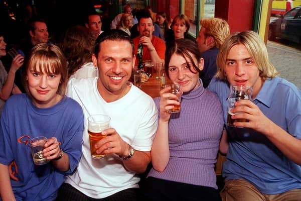 Pictured at the Cavendish Pub, on West Street, in Sheffield city centre in September 1998 are Lindsay Fisher, Sean Holden, Lindsey Hara, and Matthew Hounsley