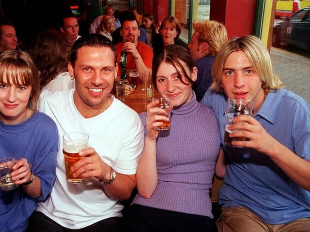 Pictured at the Cavendish Pub, on West Street, in Sheffield city centre in September 1998 are Lindsay Fisher, Sean Holden, Lindsey Hara, and Matthew Hounsley