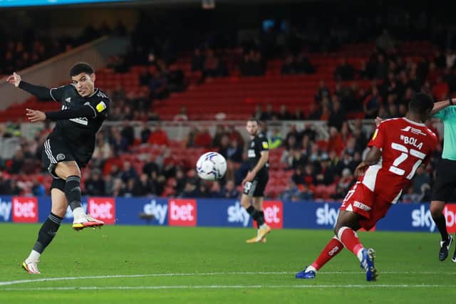 Middlesbrough, England, 28th September 2021. Morgan Gibbs-White of Sheffield Utd has a shot on goal during the Sky Bet Championship match at the Riverside Stadium, Middlesbrough. Picture credit should read: Simon Bellis / Sportimage