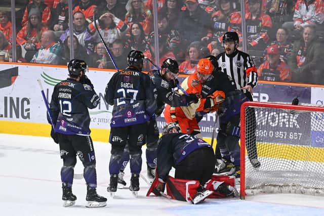 Pressure on the Manchester Storm goal. Picture: Dean Woolley
