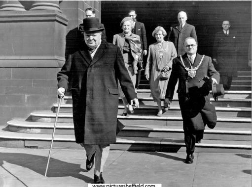 Official Visit of Winston Churchill, leaving Town Hall with Herbert Keeble Hawson, Lord Mayor
Photo: Picture Sheffield / Yorkshire Post and Yorkshire Evening Post