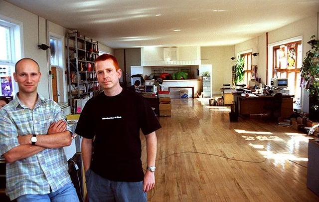 Rob Mitchell (left) and Steve Beckett in The Ballroom at Warp Records, West Street, Sheffield, on September 16, 1996