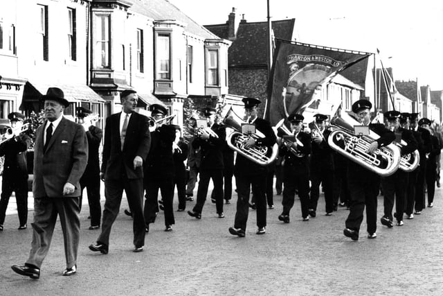 Back to 1963 for this view of Harton Colliery Band leaving Armstrong Hall to play its part in the Durham Miners Gala.