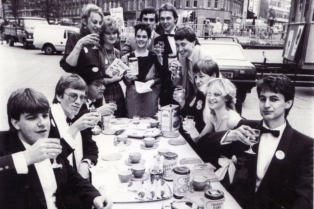 Students from the Tapton Hall of Residence held a high tea in Fargate, Sheffield, to publicise the sale of the Students Rag Magazine "Twikker" - 30 October 1985