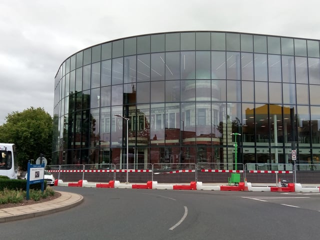 The view of the Danum Gallery, Library and Museum from Wood Street, showing the old girls school inside the glass atrium