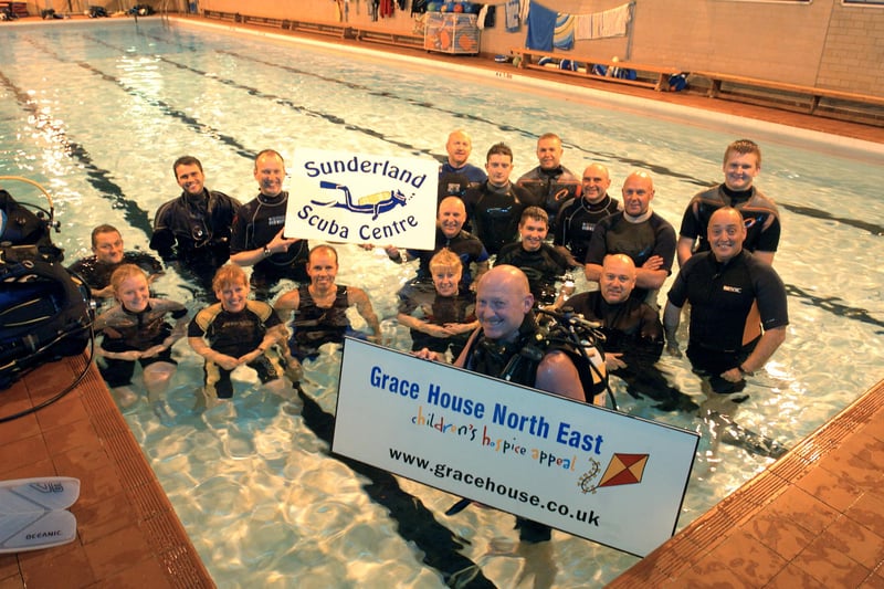 Steve Gibson (front) of The Sunderland Scuba Centre with some of the scuba divers who took part in a sponsored underwater swim at the Thornhill School pool in 2011.