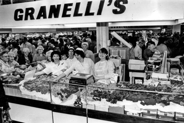Staff and customers at Granelli's in Sheaf Market, Sheffield, in August 1985.