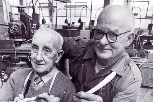 The last two surviving cut throat razor makers pictured at John William Ragg Limited, Little London Road, Sheffield - they are 79 yrs old Mr. Thomas Renshaw (left) of Bents Green, Sheffield, and 72 yrs old Mr William Hukin (right) of East Grove Road, Sheffield, March 1977