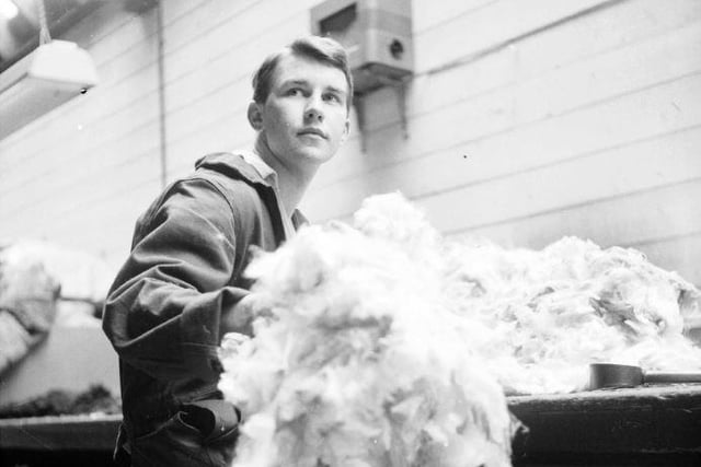 George Roberts & Co Ltd, tweed mill, August 1962. Brian Roberts sorting and grading wool.