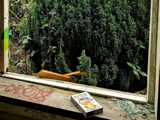 Noddy looks out of place on the sill of a smashed window.