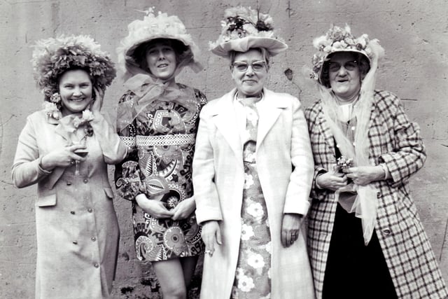 Easter Bonnet Contestants at Meadow Street Hotel  in 1972 -  left to right Esther, Carole Froggatt, Millie and Clara