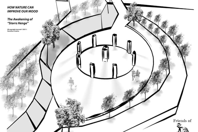 The stone circle will be flanked by oak trees grown from acorns from Storrs Wood.