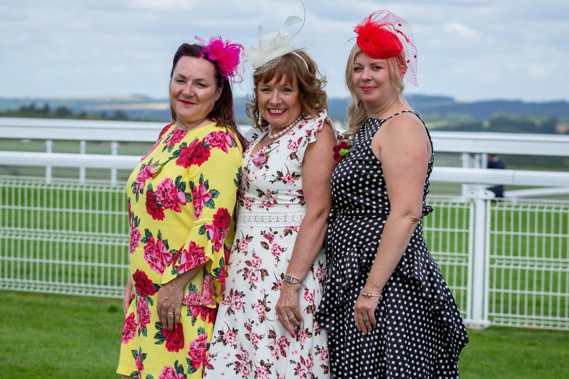 Ladies Day at Qatar Goodwood Festival, Goodwood on 29th July 2021
Pictured: Kim Heywood, Wendy Robson and Clare Hooker
Picture: Habibur Rahman