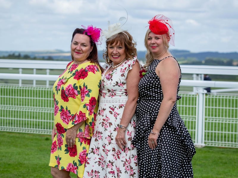 Ladies Day at Qatar Goodwood Festival, Goodwood on 29th July 2021
Pictured: Kim Heywood, Wendy Robson and Clare Hooker
Picture: Habibur Rahman