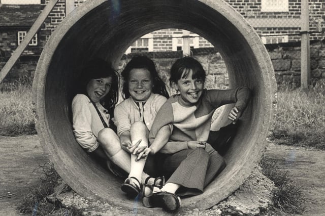 L to R at Brampton Bierlow playing fields...Maxine Rawson 10, Christine Veasey 9 and Tracey Birlow 8 all from Brampton Bierlow. in August 1972
