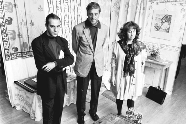 International fashion designers John Galliano, Nino Cerutti and Chris Klyne during a visit to the Scottish College of Textiles in Galashiels, July 1988.
