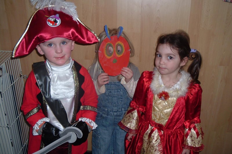 Isaac Slater, Charlotte Ward and Katie Sue Norman from Bakewell playgroup celebrate World Book Day in 2008 by dressing up as characters from The Very Hungry Caterpillar