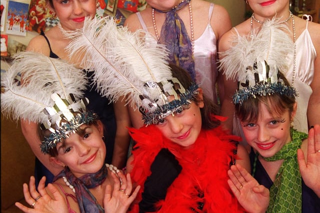 Pictured at Woodthorpe Primary school, Woodthorpe Road, Sheffield, where the school held their dress rehersal of Bugsy Malone in 1997. Seen are some of the cast in costume. LtoR back row are, Stacey Capes, Katrina Thorneton, and Lorna Naylor. Frount LtoR, Chelsea Rodgers, Louise Maher who plays Tollulah, and  Chelsea Danforth.