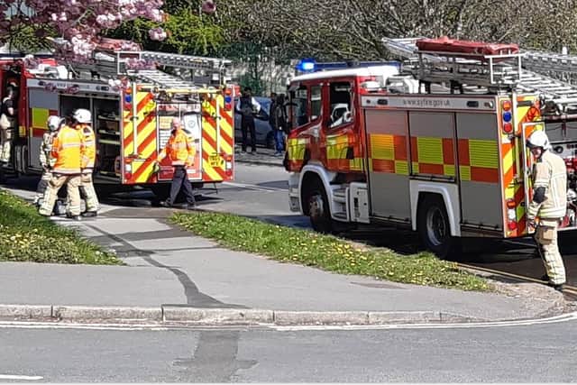 A resident was pulled from a burning building by firefighters and taken to hospital after a flat went up in flames in Deer Park Road, Stannington, Sheffield. File picture shows South Yorkshire firefighters at an incident in Sheffield