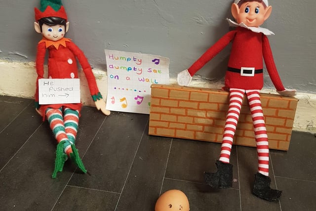 Charlotte Jackson's elves Jingles and Jangles were pictured after they pushed Humpty off the wall.