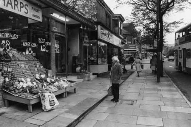 Shops on Ecclesall Road, Sheffield, in 1982, including the fruiterers Sharp's of Sheffield.