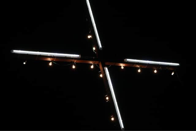 The giant illuminated cross at Green Moor near Stocksbridge, Sheffield (pic: @valleyboysphotos)