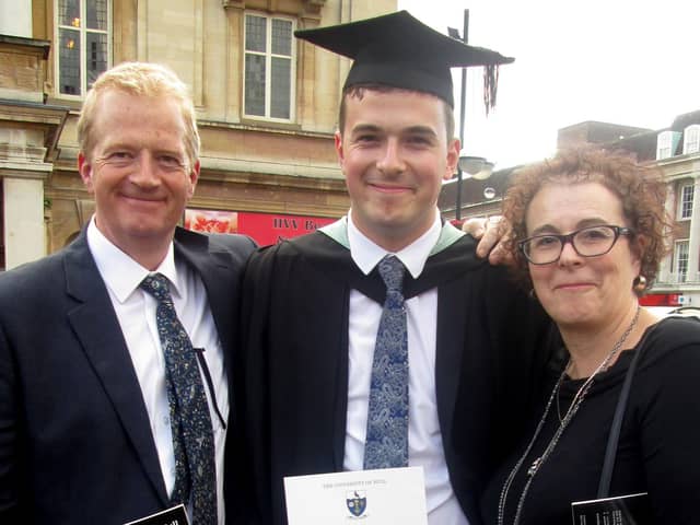 Jack Ritchie at his graduation with his parents Charles and Liz Ritchie. His parents have attacked gambling companies and the Government following the conclusion of an inquest, held at Sheffield Town Hall, into the death of their 24-year-old son, in Vietnam in November 2017 (pic: Family Handout/PA Wire)