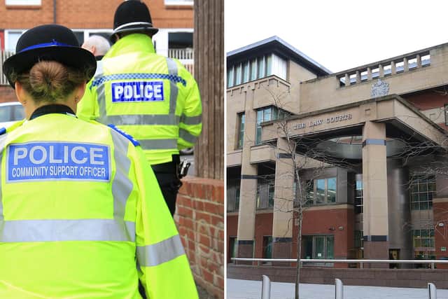 Sheffield Crown Court, pictured, has heard how a knife-wielding thug stabbed his victim in the buttocks after a scuffle.