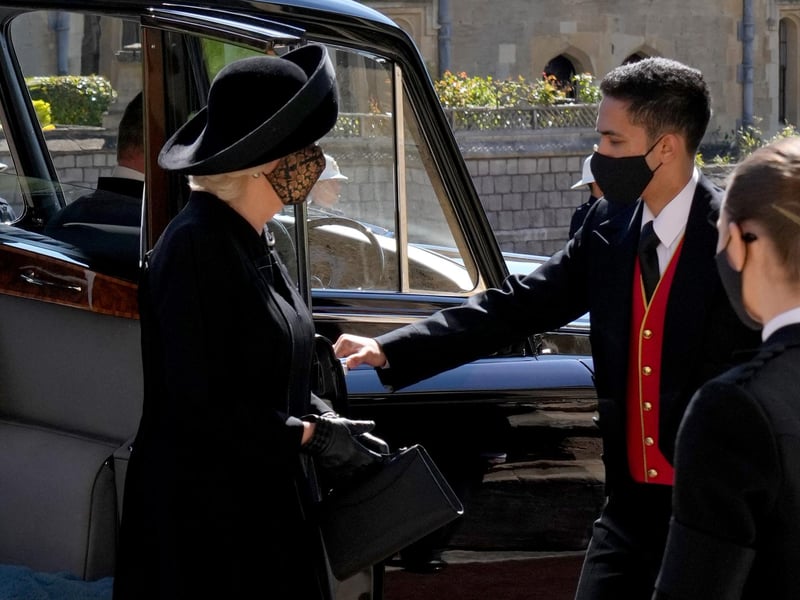 The Duchess of Cornwall arrives for the funeral of the Duke of Edinburgh at St George's Chapel, Windsor Castle.