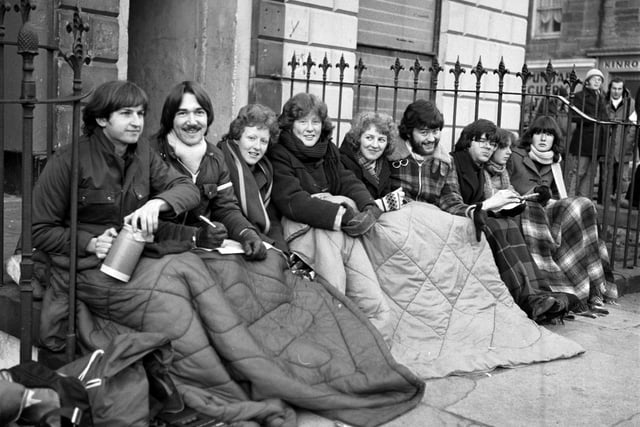 Teenagers slept outside the Odeon cinema to get tickets for Elton John's Edinburgh concert in February 1979 - a group in their sleeping bags.