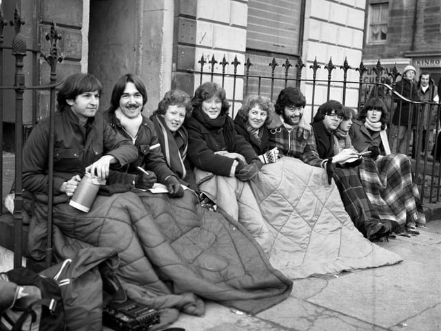Teenagers slept outside the Odeon cinema to get tickets for Elton John's Edinburgh concert in February 1979 - a group in their sleeping bags.