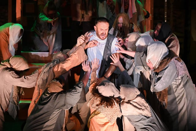 Darren Lewis (Jesus) and the Alnwick Stage Musical Society ensemble as lepers perform The Temple.